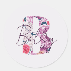 Pegatina Redonda Betsy Baby Name Flor Script Vintage Floral B