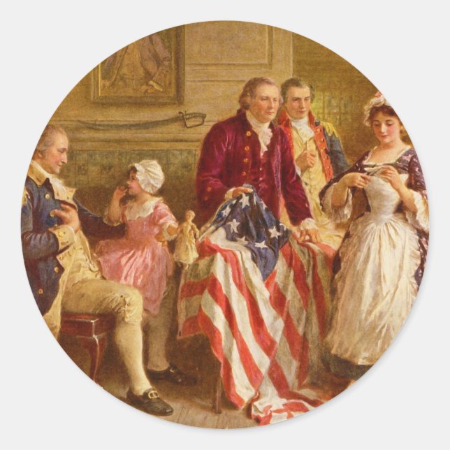 Pegatina Redonda Betsy Ross 1777 por Jean Leon Gerome Ferris (Anverso)