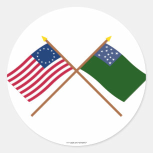 Pegatina Redonda Betsy Ross cruzado y banderas verdes de los
