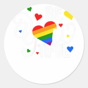 Pegatina Redonda BeYouTIFUL Gay Pride Lesbiana Corazón Arcoiris
