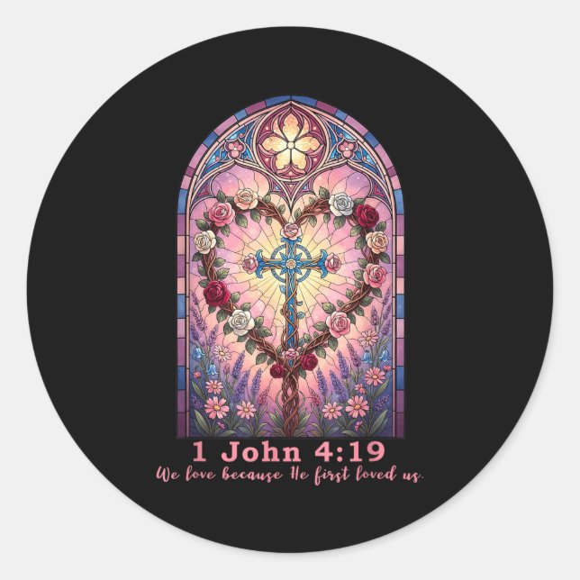 Pegatina Redonda Bible Verse Stained Gl 1 John 4_19 Love Prayer Val (Anverso)