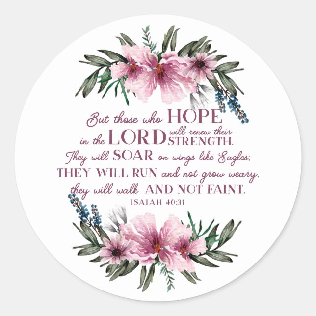 Pegatina Redonda Biblia cristiana floral rosa Verse Isaiah 40 (Anverso)