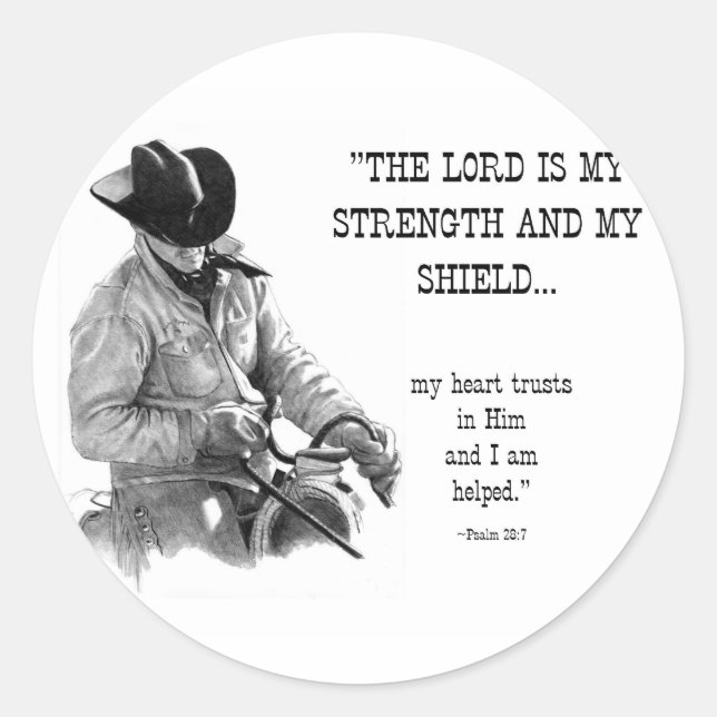 PEGATINA REDONDA BIBLIA: STRENTGH, ESCUDO: REALISMO PENCIL (Anverso)