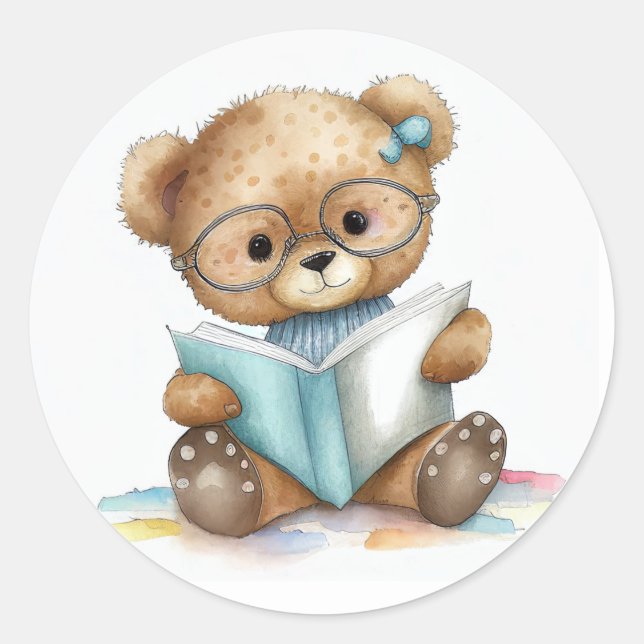 Pegatina Redonda Biblioteca bibliotecaria de Cute Libros Teddy Bear (Anverso)