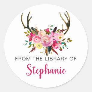 Pegatina Redonda Biblioteca de antígenos de Floral Rosa + nombre