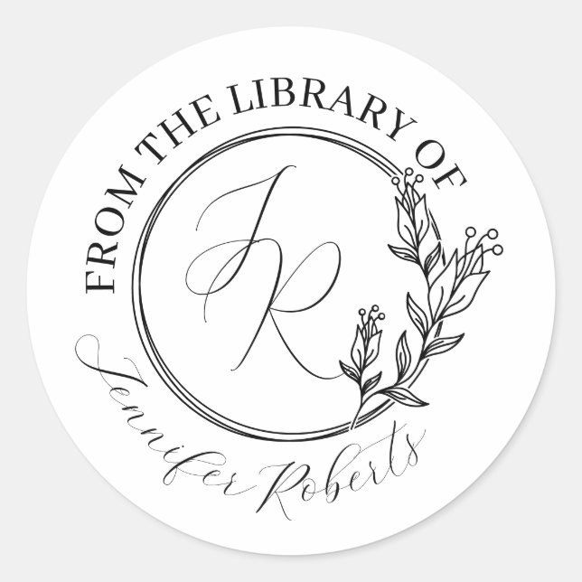 Pegatina Redonda Biblioteca de Iniciales de Guión Floral Feminino (Anverso)