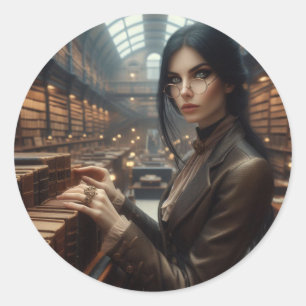 Pegatina Redonda Bibliotecaria Steampunk Vintage victoriana Lady