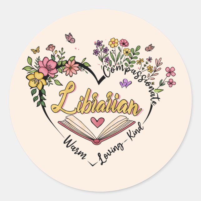 Pegatina Redonda Bibliotecario compasivo - Diseño de Corazón Floral (Anverso)