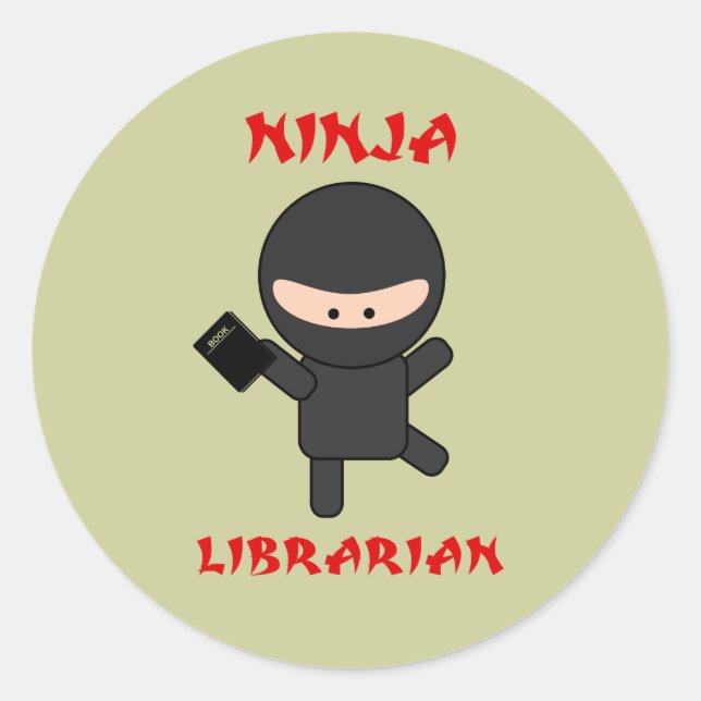 Pegatina Redonda Bibliotecario de Ninja con el libro (Anverso)