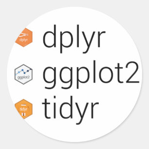Pegatina Redonda Bibliotecas de tiverso: dplyr, ggplot2, tidyr