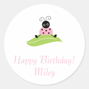 Pegatina Redonda Bicho sentado en la hoja, Feliz Cumpleaños!Miley