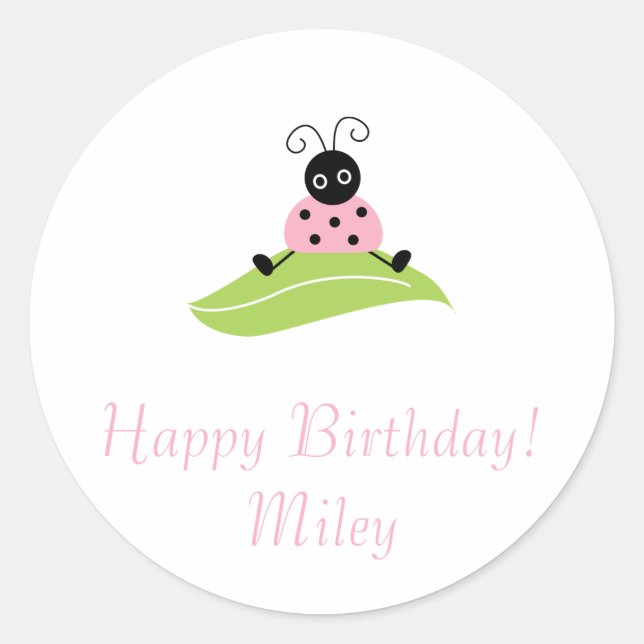 Pegatina Redonda Bicho sentado en la hoja, Feliz Cumpleaños!Miley (Anverso)