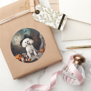 Pegatina Redonda Bichon Frise Calabazas Halloween Espeluznante
