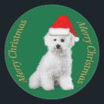 Pegatina Redonda Bichon Frise Christmas Sticker<br><div class="desc">Este pegatina está decorado con una fotografía de una Amigo Bichon usando un gorra de Santa Claus y las palabras Feliz Navidad.</div>