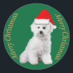 Pegatina Redonda Bichon Frise Christmas Sticker<br><div class="desc">Este pegatina está decorado con una fotografía de una Amigo Bichon usando un gorra de Santa Claus y las palabras Feliz Navidad.</div>