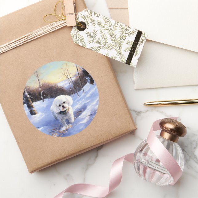 Pegatina Redonda Bichon Frise Deja que nieve Navidad (Regalar)