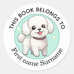 Pegatina Redonda Bichon Frise Este Libro Pertenece A Personalizado
