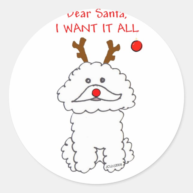 Pegatina Redonda Bichon Frise Estimado Santa (Anverso)