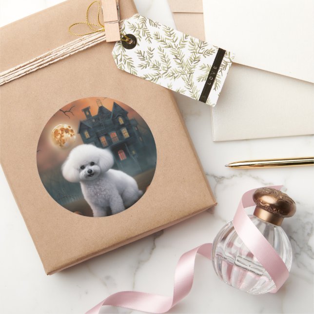 Pegatina Redonda Bichon Frise Halloween Espantoso  (Regalar)