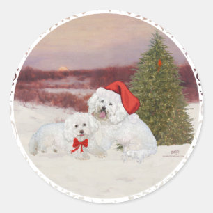 Pegatina Redonda Bichon Frise Navidad