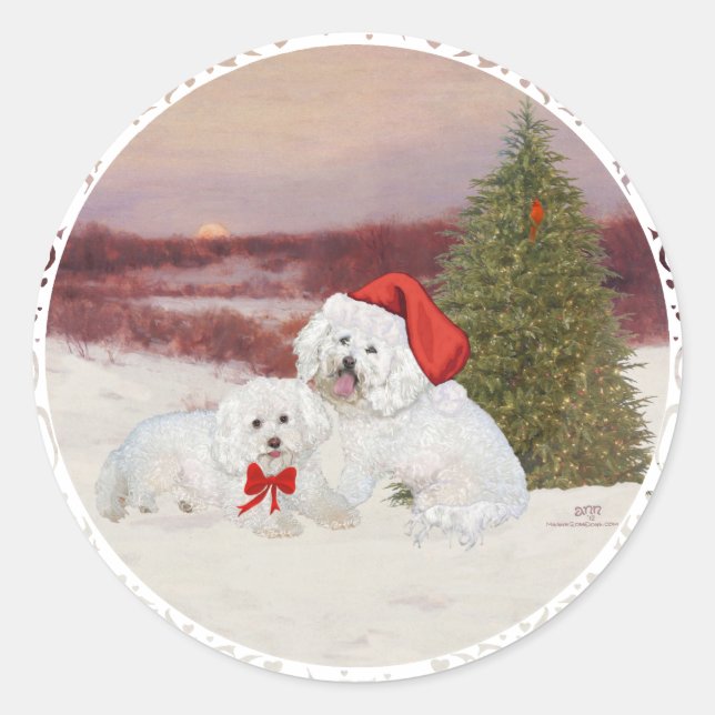 Pegatina Redonda Bichon Frise Navidad (Anverso)