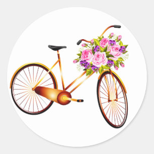Pegatina Redonda Bicicleta Con Cesta De Flores