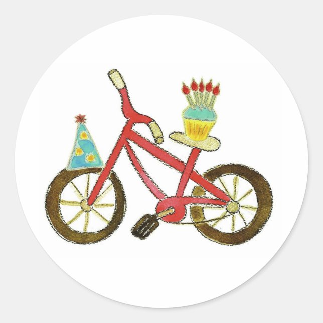Pegatina Redonda Bicicleta de cumpleaños con torta (Anverso)