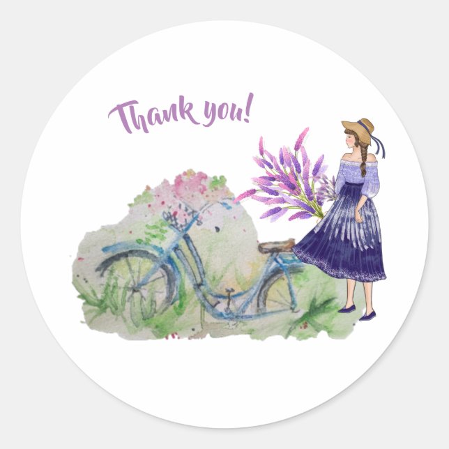 Pegatina Redonda Bicicleta de damas en campo de primavera (Anverso)