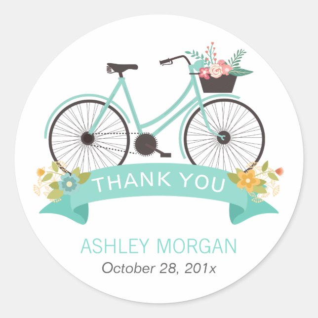 Pegatina Redonda Bicicleta Floral Cubierta Pastel Mint Green Gracia (Anverso)