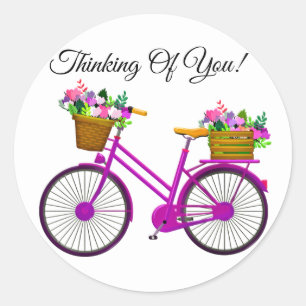 Pegatina Redonda Bicicleta Rosa Con Canasta De Flores
