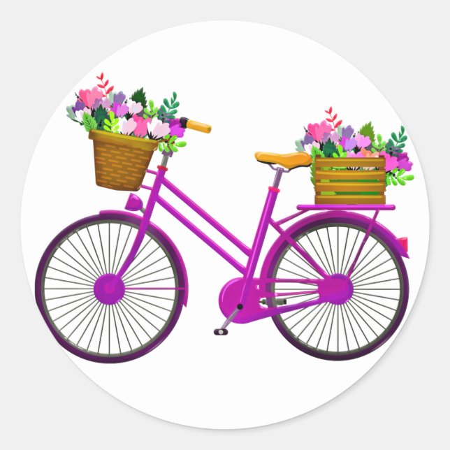 Pegatina Redonda Bicicleta Rosa Con Canasta De Flores - (Anverso)