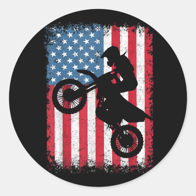 Pegatina Redonda Bicicleta Sucia Bandera Estadounidense Motocross B (Anverso)