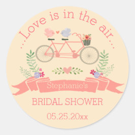 Pegatina Redonda Bicicleta tándem, pájaros y ducha de novias