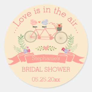 Pegatina Redonda Bicicleta tándem, pájaros y ducha de novias