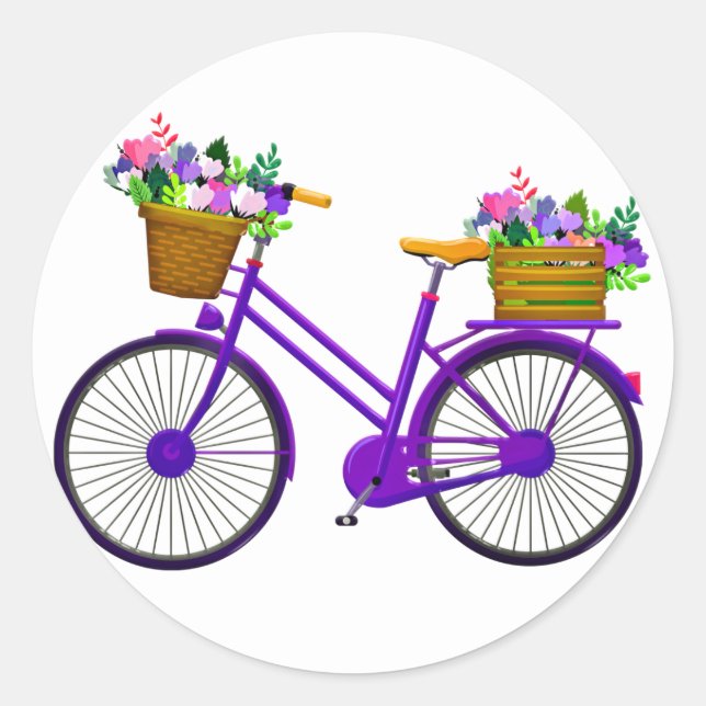 Pegatina Redonda Bicicleta Violeta Con Canasta De Flores - (Anverso)