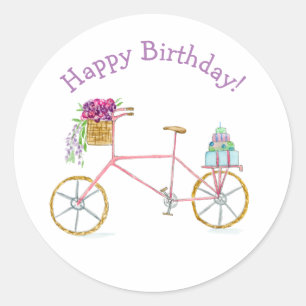 Pegatina Redonda Bicicleta Watercolor Happy Birday