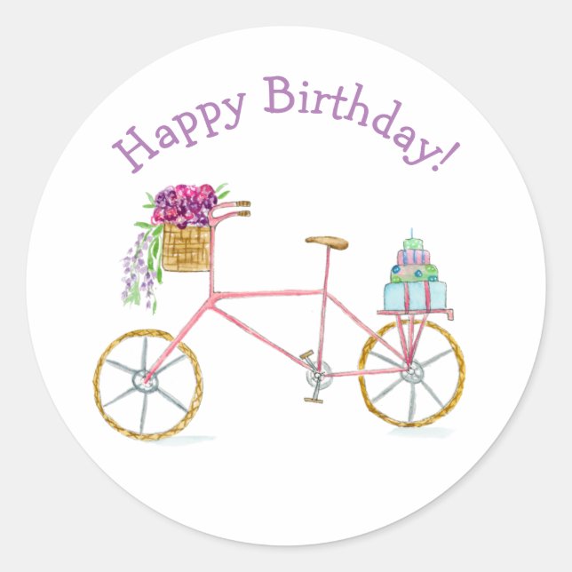 Pegatina Redonda Bicicleta Watercolor Happy Birday (Anverso)