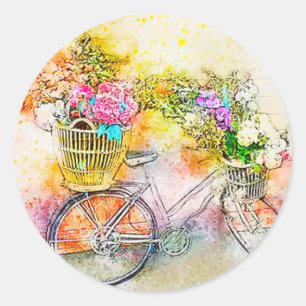 Pegatina Redonda Bicicleta y flores