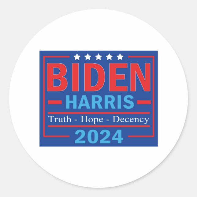 Pegatina Redonda Biden Harris 2024 Verdadera Esperanza Decencia (Anverso)