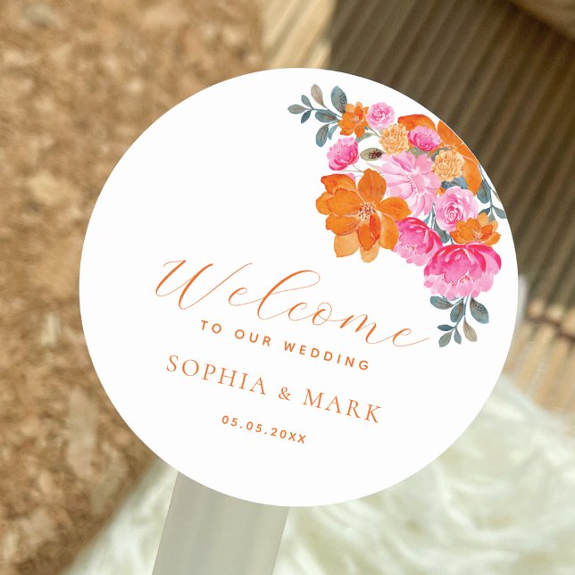 Pegatina Redonda Bienvenida a Boda de verano floral Naranja rosa vi (Subido por el creador)