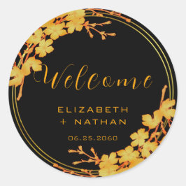 Pegatina Redonda Bienvenida a Boda Floral Black Gold