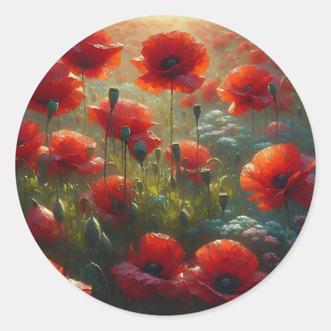 Pegatina Redonda Bienvenida a Boda Floral de Poppies Rojos