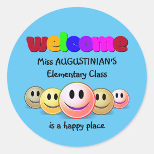Pegatina Redonda Bienvenida a clase de profesores azules personaliz