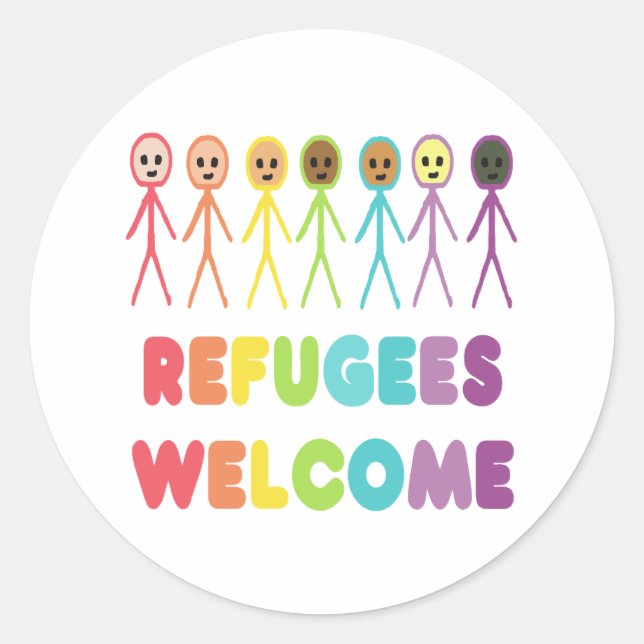 Pegatina Redonda Bienvenida a los refugiados (Anverso)