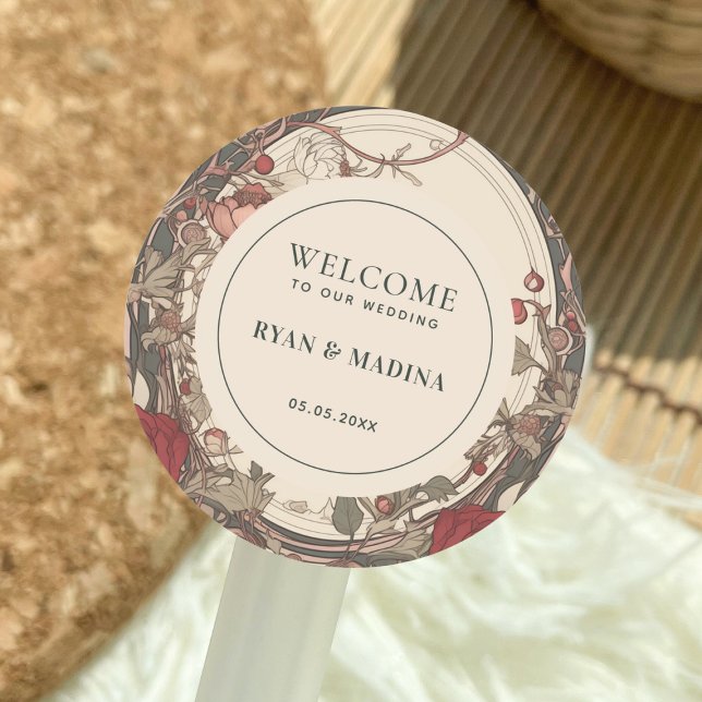 Pegatina Redonda Bienvenida a un Boda floral antiguo de estilo Art  (Subido por el creador)