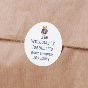 Pegatina Redonda Bienvenida al Baby Shower del Osito de Fútbol