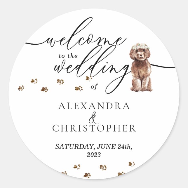 Pegatina Redonda Bienvenida al Boda perrito de Cavapoo marrón (Anverso)