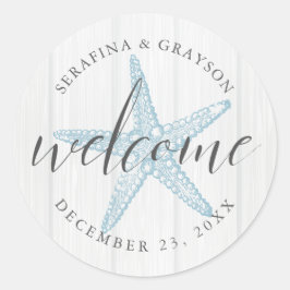 Pegatina Redonda Bienvenida al Boda Tropical Vintage Beach Starfish