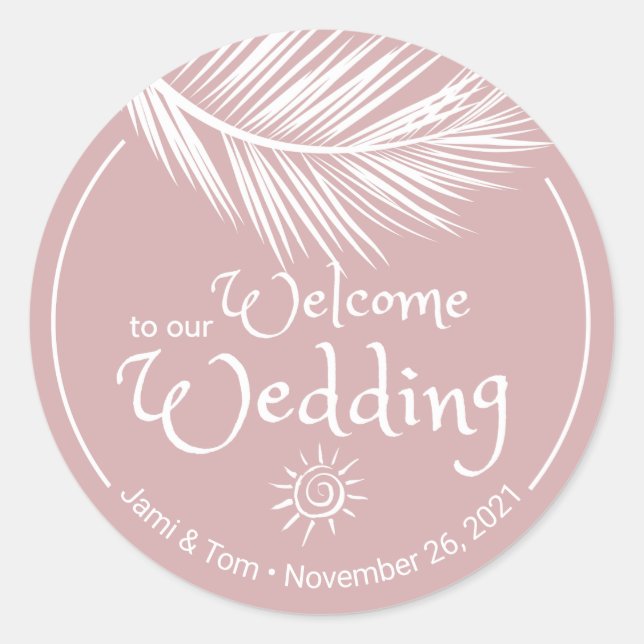 Pegatina Redonda Bienvenida al Rosa Boda Beach Palm Leaf (Anverso)
