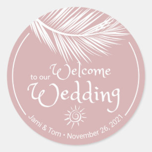 Pegatina Redonda Bienvenida al Rosa Boda Beach Palm Leaf
